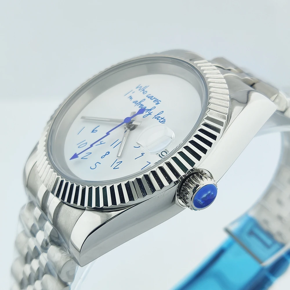 39mm/36mm NH35 Watch Who cares im already late Watch Blue Dial No Logo Sapphire Crystal Glass NH35 Automatic Movement