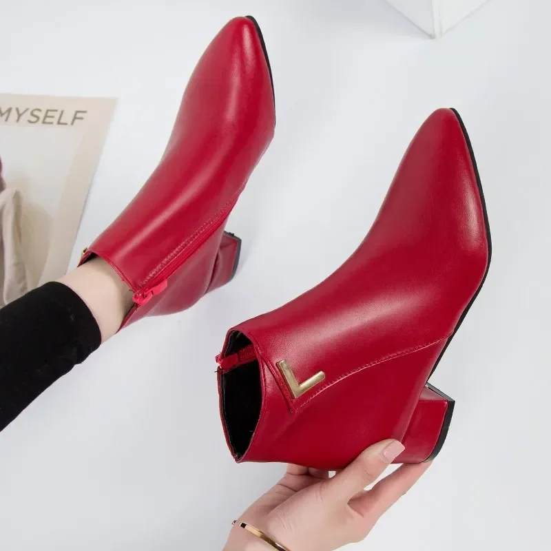2026 New Style Fashion Women's Boots Casual Leather High Heels Spring Women's Shoes Pointed Toe Side Zipper Office High Heels 42 image 2