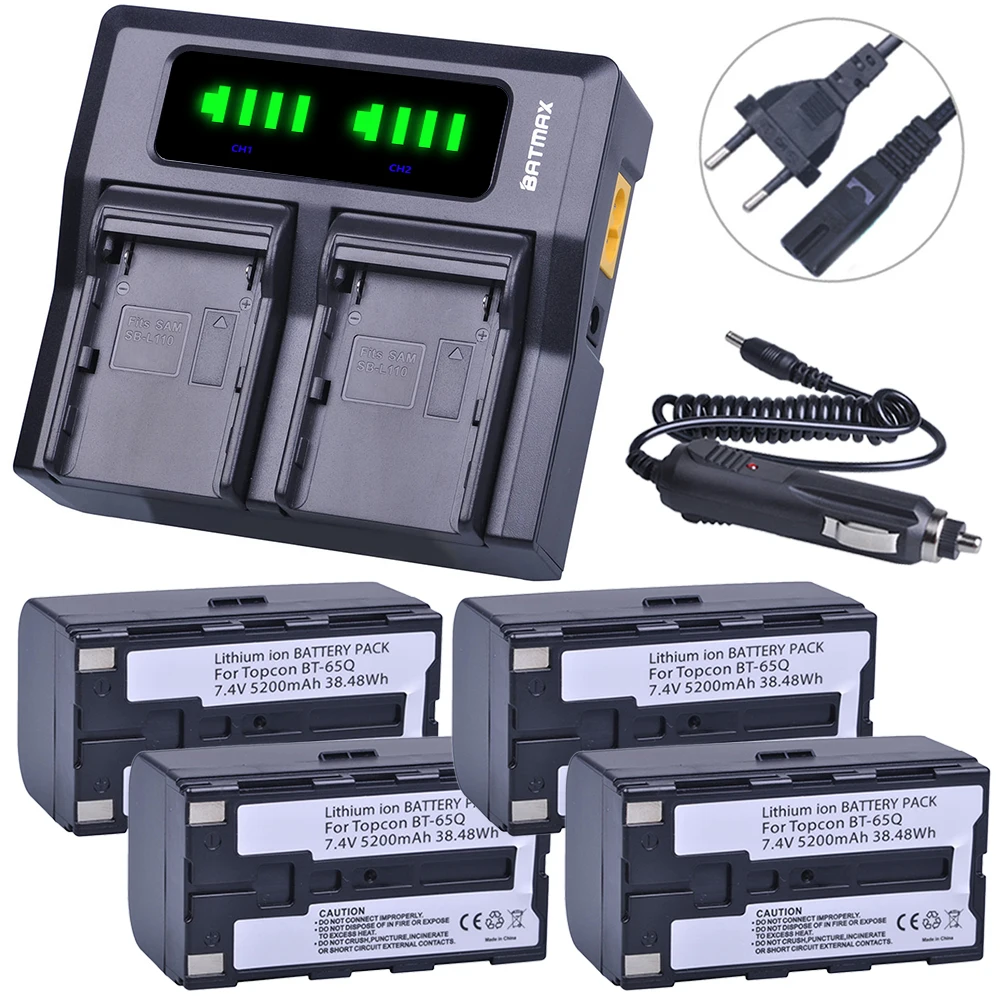 Batmax 4pcs 5200mAh BT-65Q BT 65Q Battery +LED Rapid Dual Charger for Topcon GTS 900GPT 9000 GTS-750 GPT-7500 Total Station