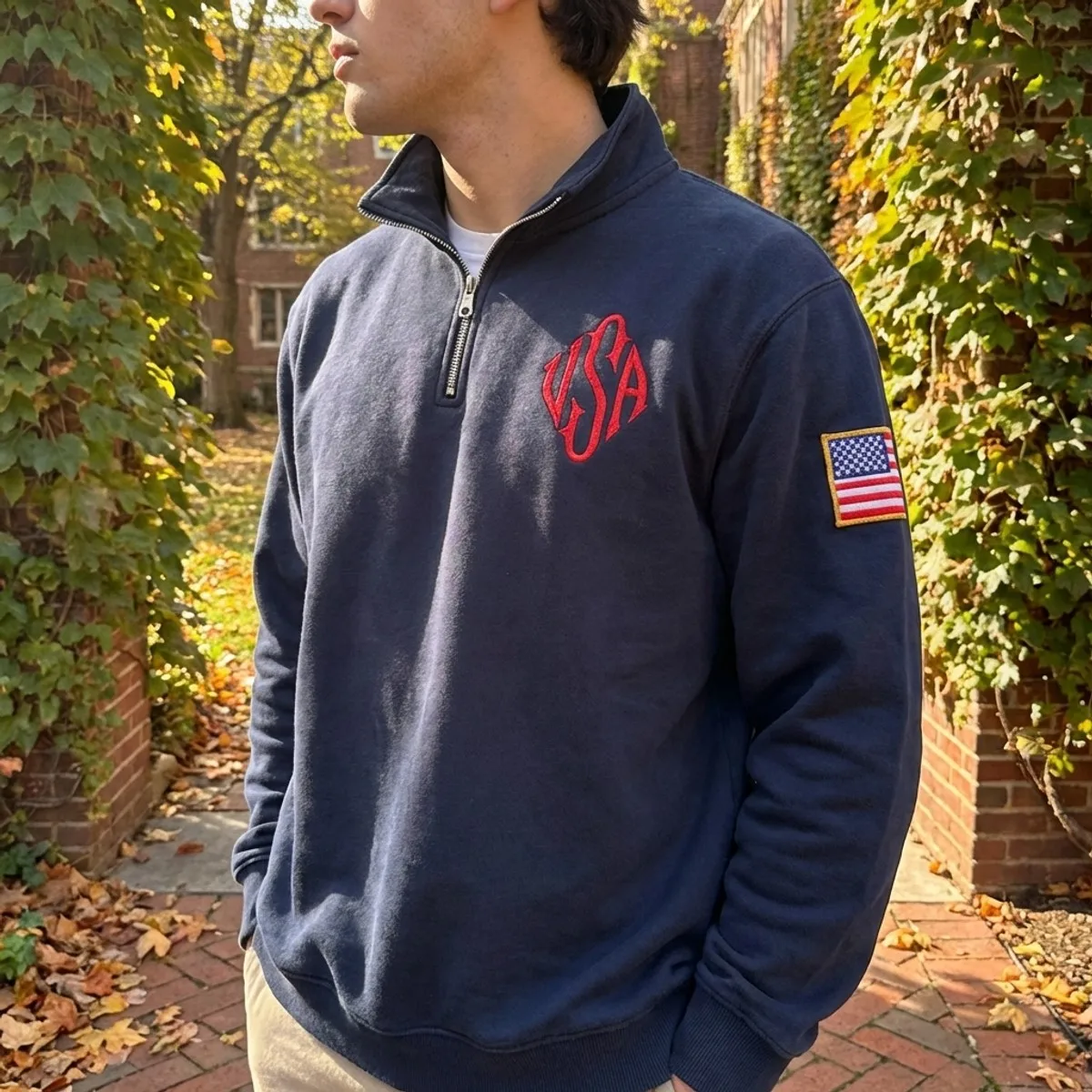 Amerikanische Flagge Bestickte Hoodies Viertelreißverschluss-Sweatshirts Herren Marineblau Weiß Pullover Patch-Ärmel Streetwear Y2k Casual Sweater