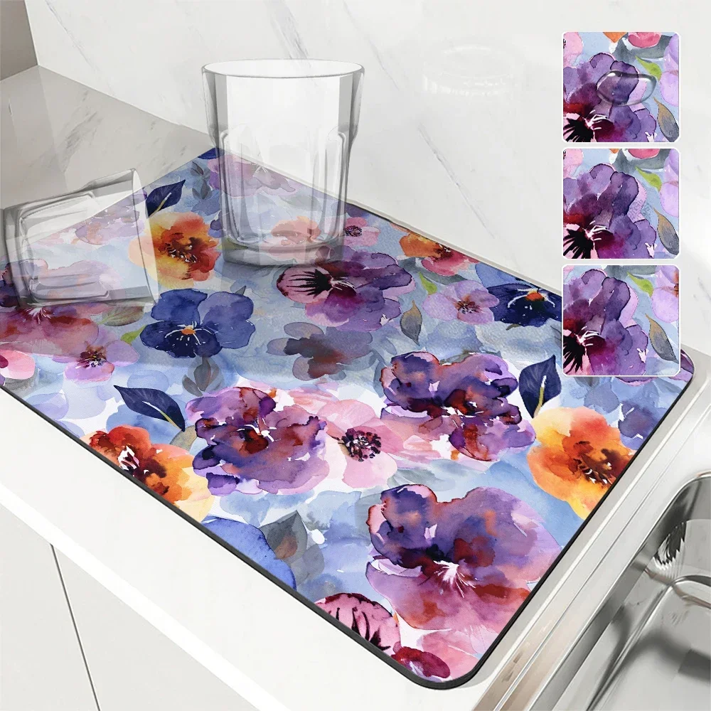 Watercolor Absorbent Mat Spring Plant Flower Draining Mat Kitchen Tableware Drying Tableware Non-slip Carpet Tableware Suitable