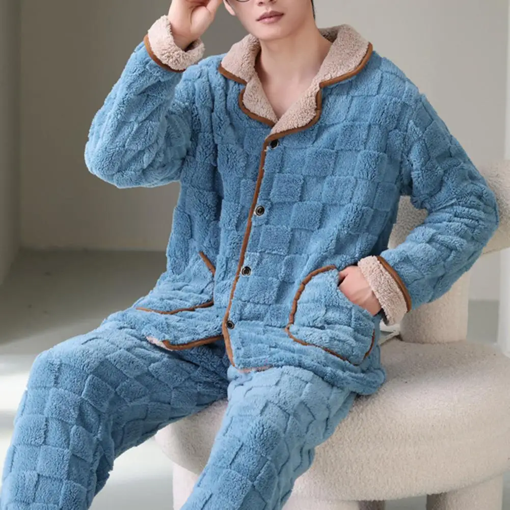 2 Pcs/Set Men Winter Loungewear Thick Plush Warm Coat Elastic Waist Pockets Coral Fleece Pants Set Pajamas Homewear Clothes