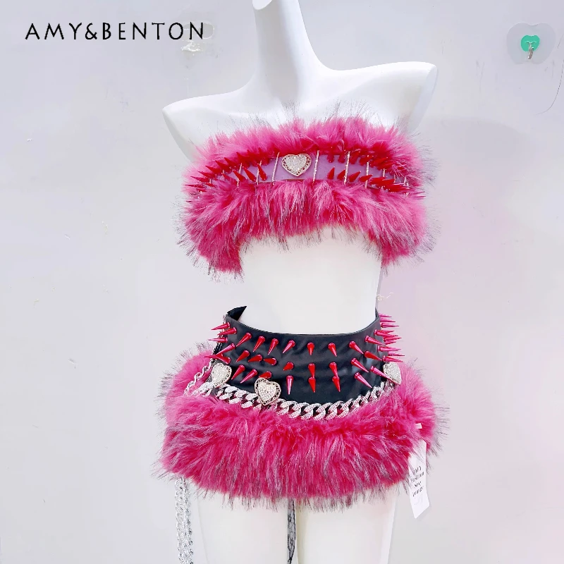 

Autumn Winter New Original Rose Red Furry Women's Tube Top Gothic Design Heavy Metal Chain Outfit Rivet Mini Skirt Set Ladies