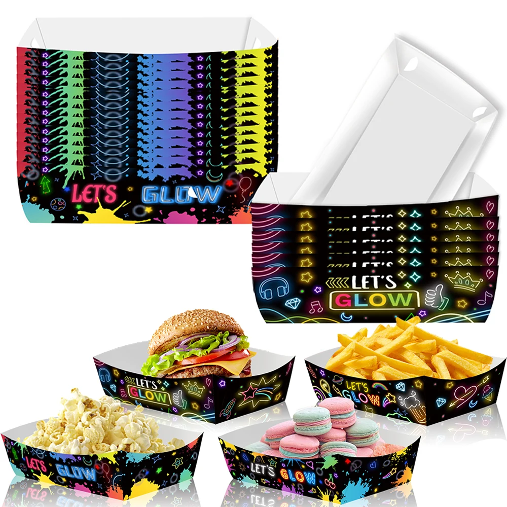 6/12/18/24pcs Let's Glow Paper Food Trays Kraft Paper Food Boat Boxes French Fries Nachos Snack Neon Birthday Party Decoration