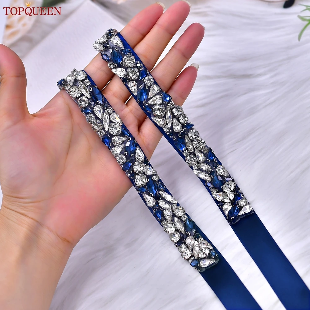 TOPQUEEN Fashion Bridal Thin Waistband Ink Blue Rhinestone Wedding Belt Stage Dress Waist Decoration Women Diamond Belt S85-ML