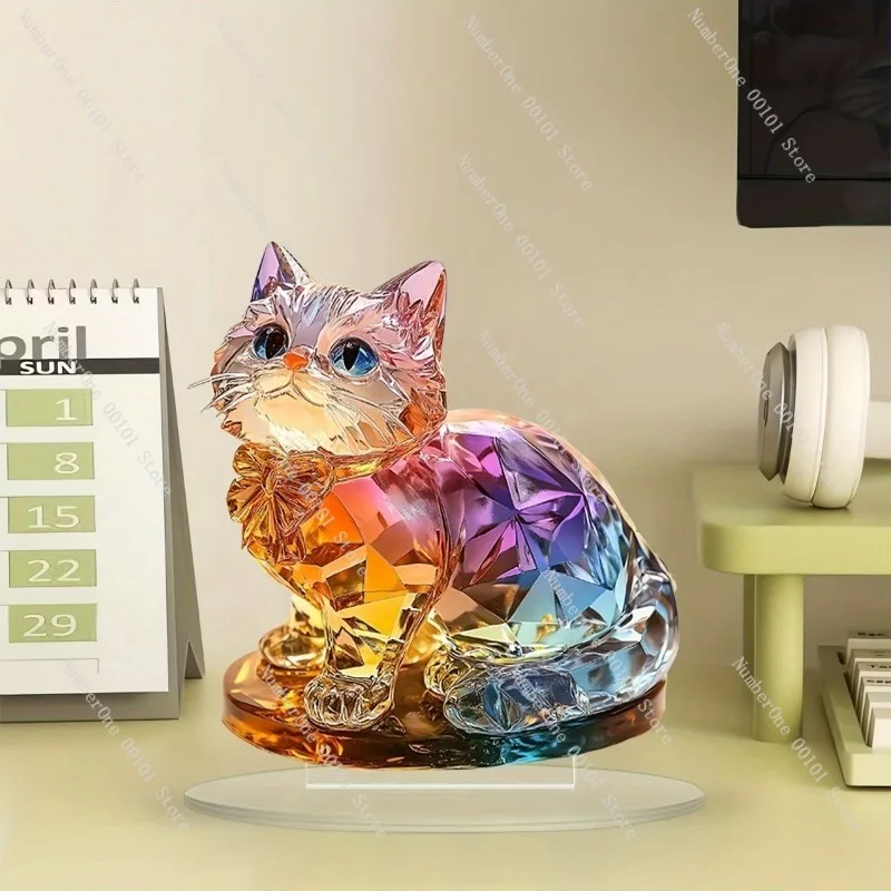 ديكور مكتبي مبتكر من الأكريليك على شكل قطة ملونة، ديكور لطيف لغرفة المعيشة وغرفة النوم، ديكور منزلي أنيق وممتع لمحبي القطط #3