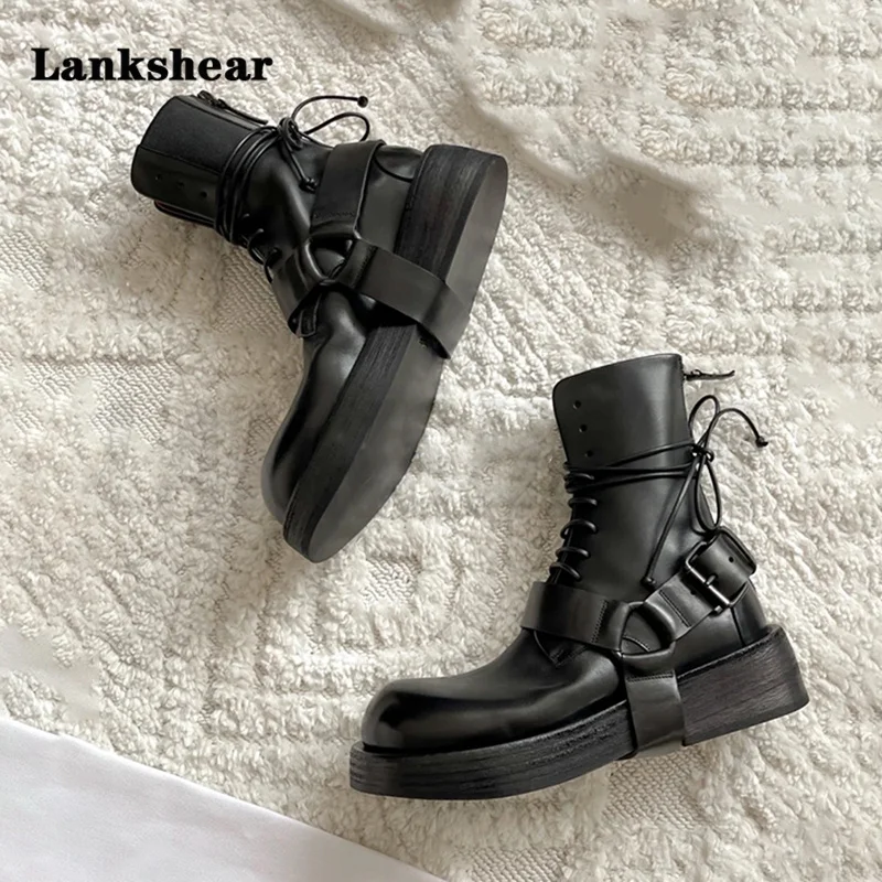 Thick-Soled Lace-Up Motorcycle Boots Women\'s Autumn Winter Mid-Heel Sling Rear Zipper Leather Buckle Decoration Lace-Up Boots