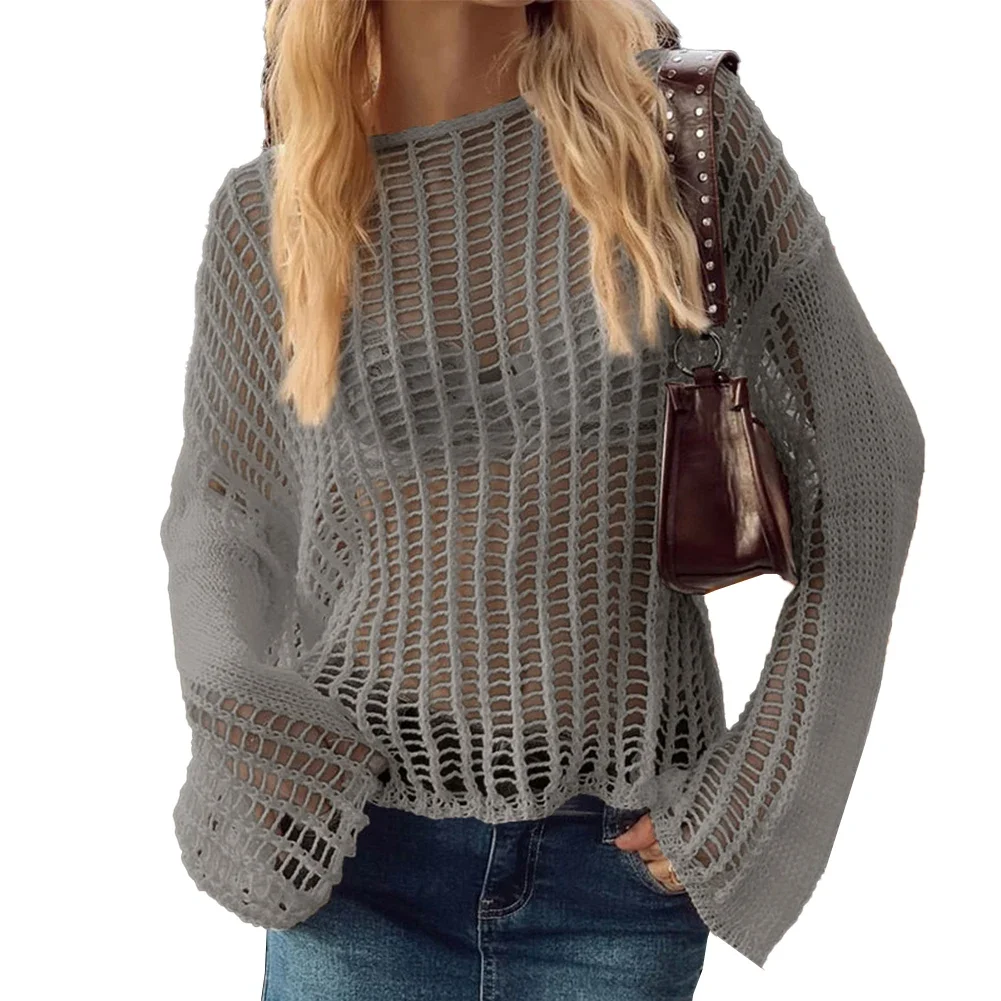 تغطية للشاطئ بأكمام طويلة محبوكة مفتوحة للنساء ، كروشيه صيفي ، قميص شمس