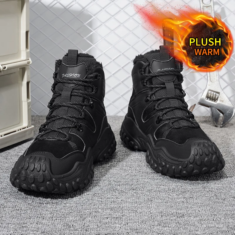 Autumn and Winter Men's High-Top Large-Size Outdoor Fleece-Lined Warm Snow Sports Shoes, with Comfortable and Skin-Friendly Lining, Excellent Grip, Suitable for Outdoor Activities and Daily Commuting