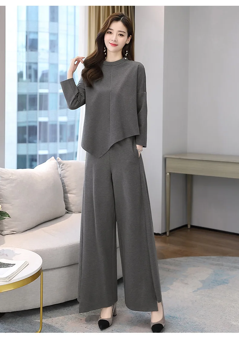 Women Tracksuit Two Pieces Set O Neck Long Sleeve Tops Wide Leg Pants Pockets Casual Warm Solid Winter Spliced Slight Strech