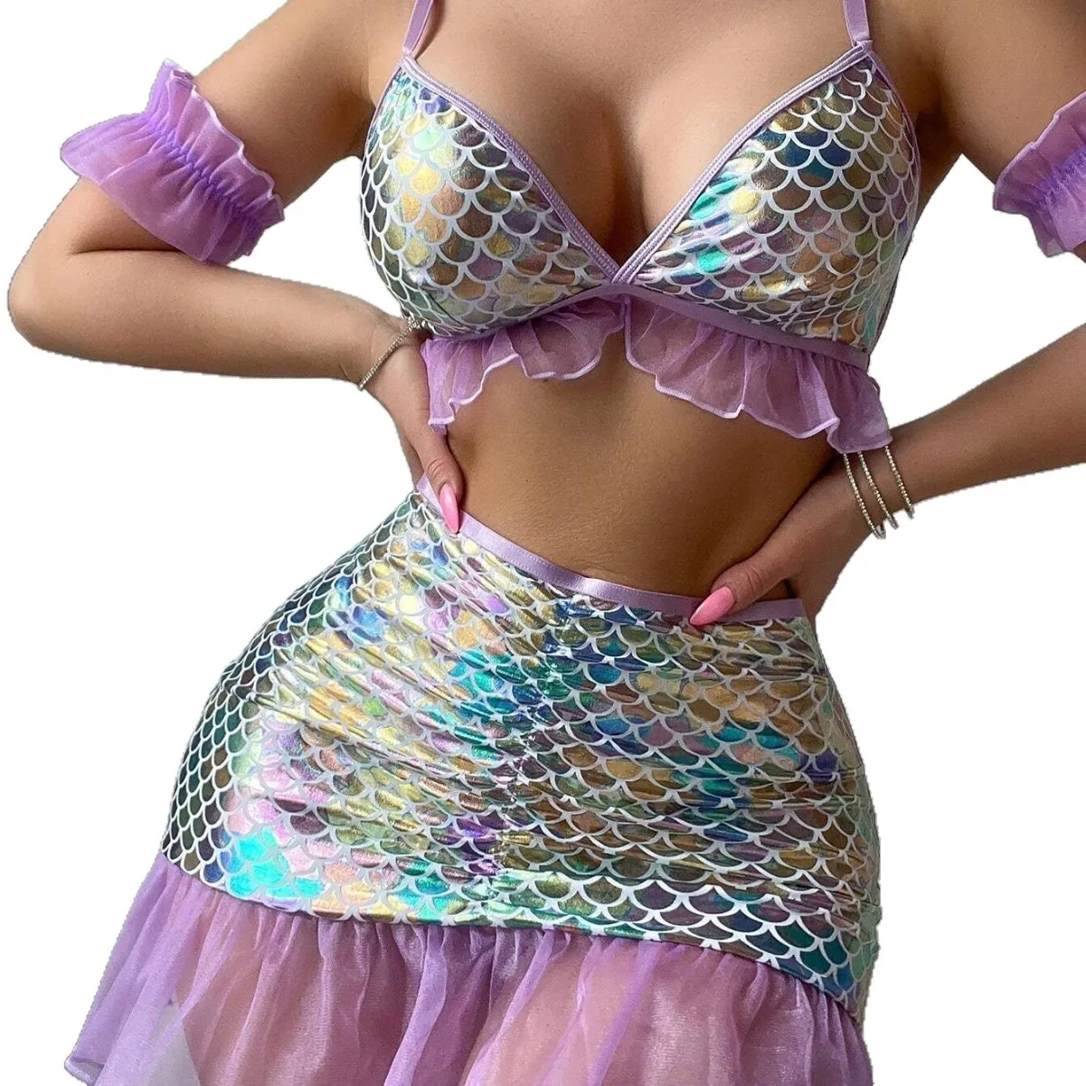 

5-Piece Mermaid Scale Lingerie Set - Shiny Bra & Thong for Cosplay Performance