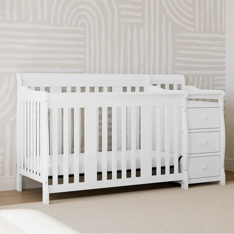 Portofino 5-in-1 Convertible Crib and Changer (White) – Changing-Table Combo with Drawer, Converts to Toddler Bed, Daybed Full-S