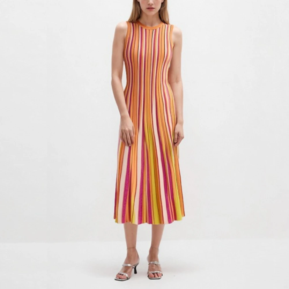 

Micosoni High-end Summer Elegant Bohemian Knitted One-piece Dress Orange Sleeveless Slim Fit Striped Pleated Women's Clothing