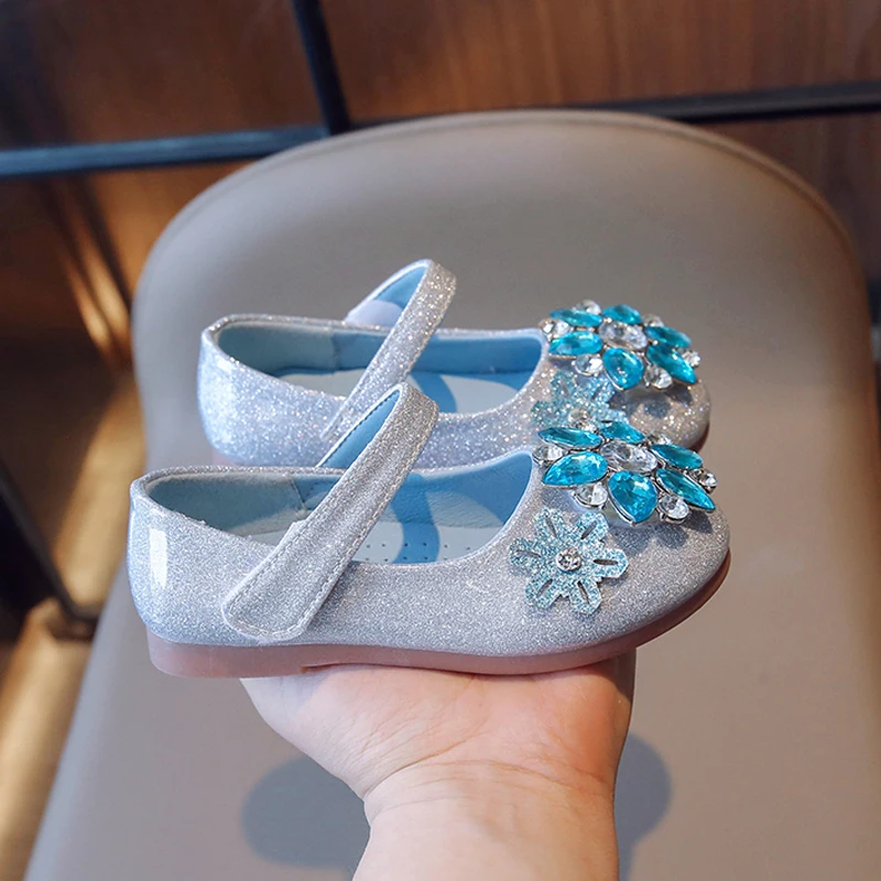 Crystal Snowflakes Shoes Girls Fancy Ice Blue strass Buckle ballerine Baby Kids Glitter perly-lustre Mary Jane Zapatos