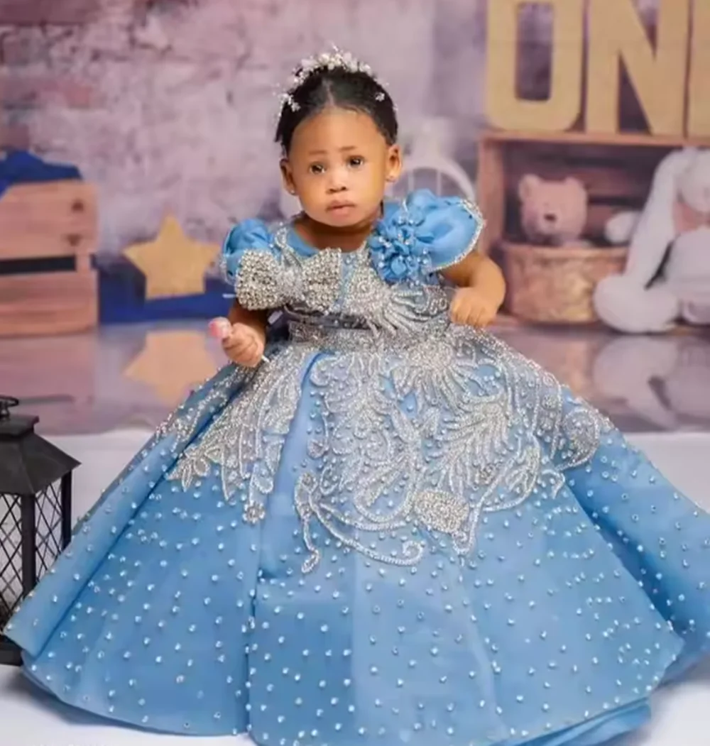 

Luxury Sky Blue Girls Birthday Dress Customized Beading Bow Flower Girl Dresses Queen Ball Gowns for Wedding Party