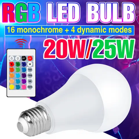 RGB 네온 불빛 E27 무지개 램프 220V LED 다채로운 전구 IR 원격 제어 20W 25W Bombillas LED 크리스마스 휴일 장식
