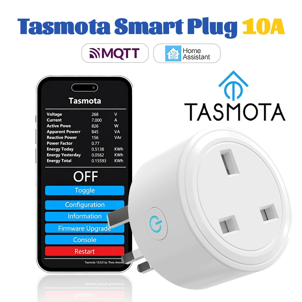 Tasmota UK Smart Plug 16A 20A com WiFi Power Energy Monitor App Controle Remoto Temporizador Programação Controle de Voz para Alexa Google