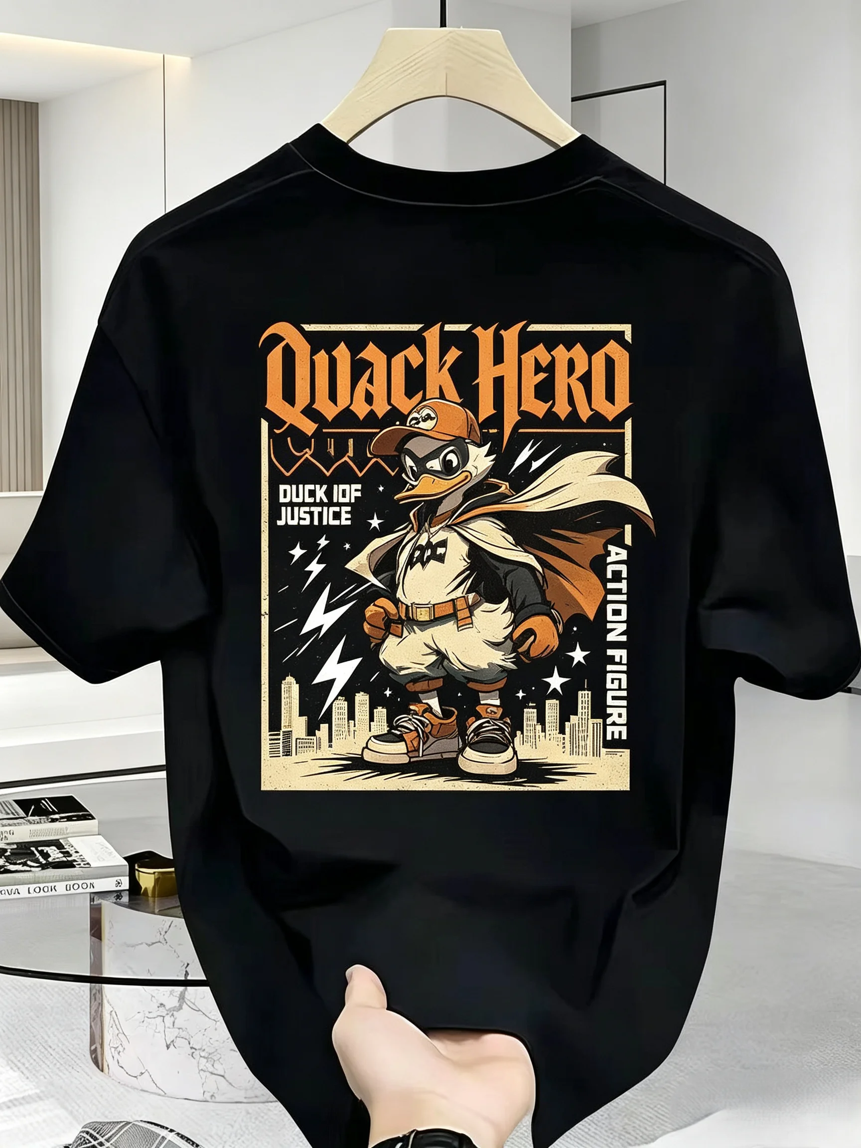Unisex Quack Hero Superhero Duck Back Print T Shirt Men Women Vintage Cartoon Duck Short Sleeve Black Streetwear Tee