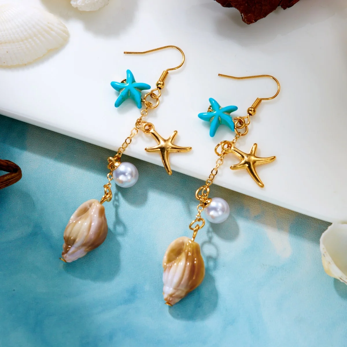 Ozean-Urlaub Seestern Muschel Seepferdchen Imitationsperlen Tropfenohrringe für Damen und Herren Böhmische Muschelohrringe Sommer Strand Schmuck – Detail 24