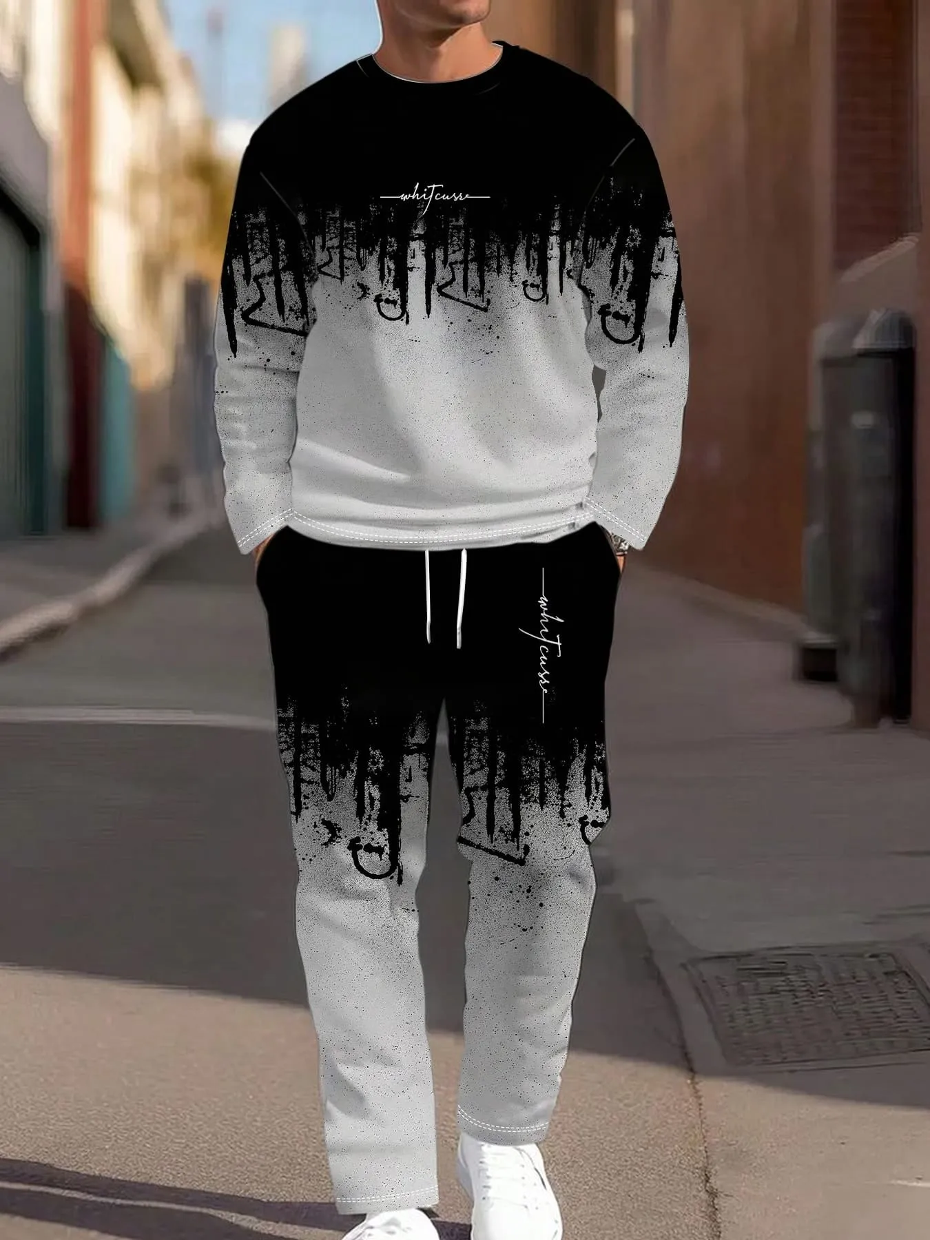 2026 autumn and winter new American street casual and fashionable 3D gradient pattern printed men's round neck sweater set