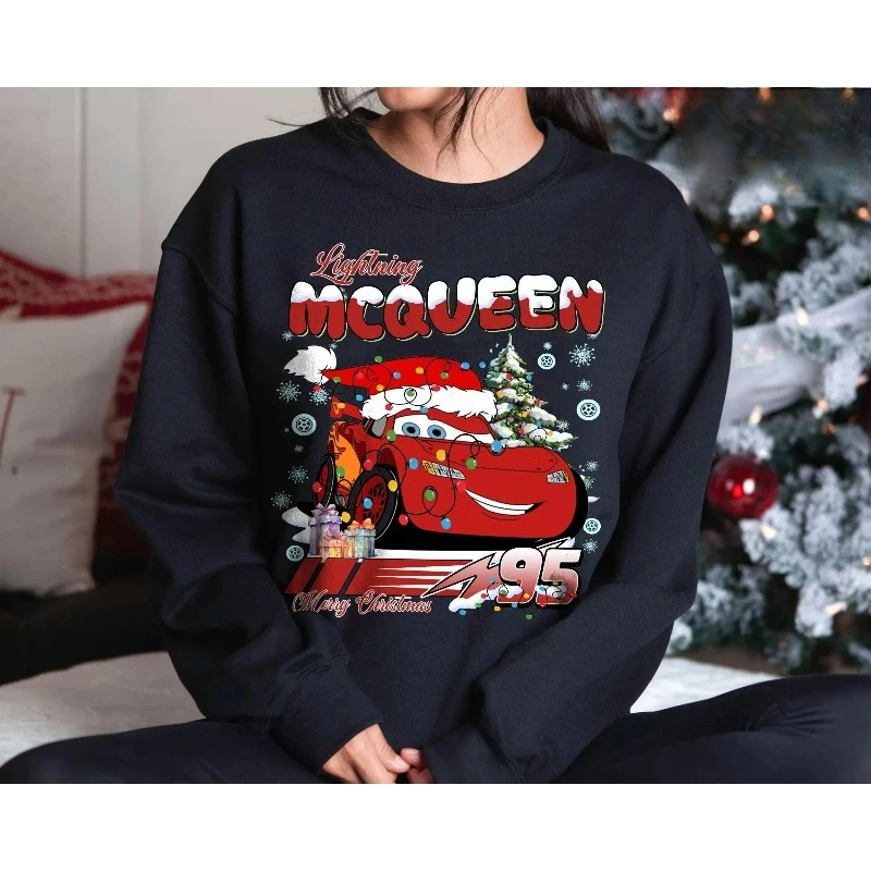 سويت شيرت Lightning McQueen Christmas Retro Cartoon Car لعيد الميلاد الخفيف، بلوفر مريح برقبة دائرية لخريف وشتاء
