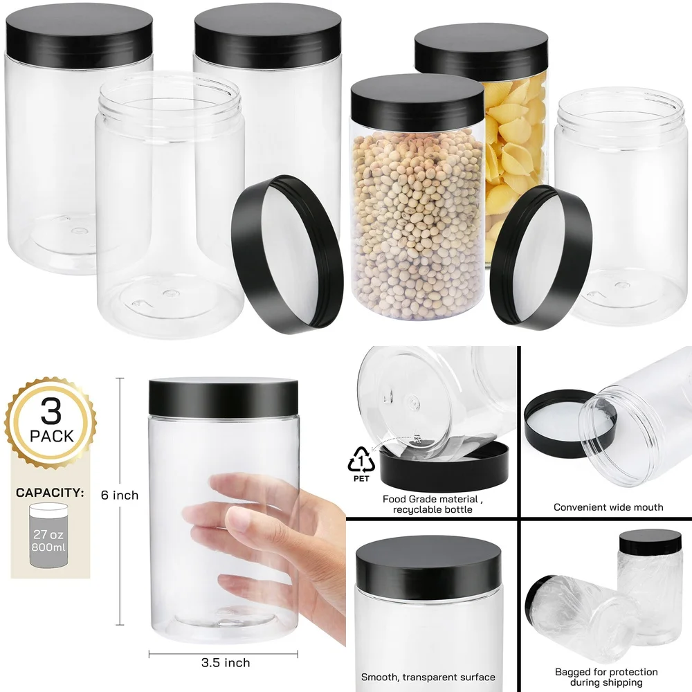 

Clear Plastic Jars 27oz Large Storage Containers for Food Spice Organizing Kitchen Essentials Bulk Packaging BPA Free Durable