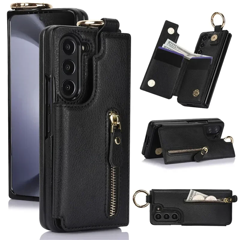 

For Samsung Galaxy Z Fold 6 5 4 3 Case Wallet PU Leather Ring Zipper Flip with Card Holder Phone Case Kickstand Folding Cover