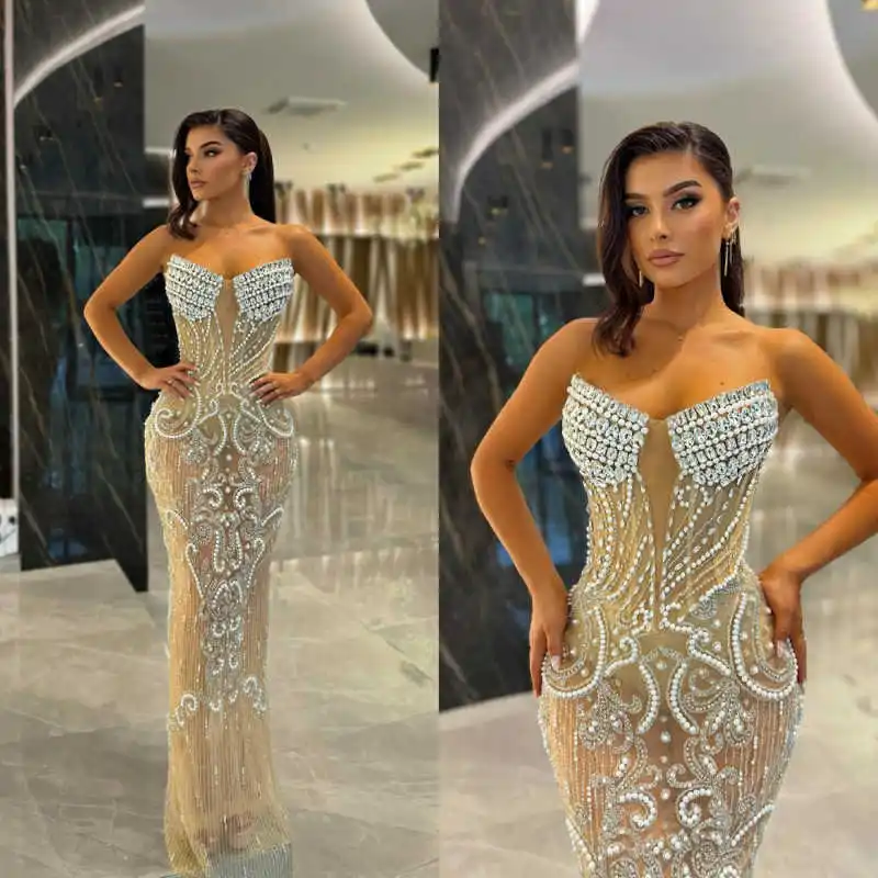 

Elegant Prom Gown Crystal V-Neck Evening Dress Beads Party Prom Dresses Sleeveless Bridal Gowns Robes De Mariée Size Customized