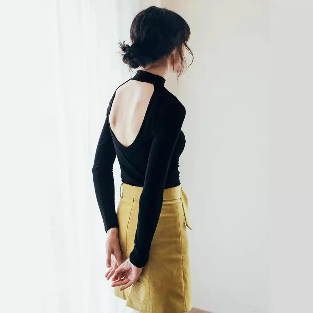 9678 herbst Winter Neue Koreanische Stil Elegante Rundhals Sexy Backless Gestrickte Pullover Langarm Papier Stück Basis Shirt Top