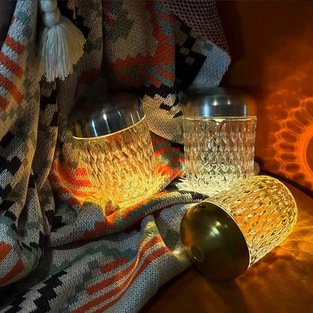 French diamond geometric cut crystal lamp, bedroom living room rechargeable atmosphere table lamp pine cone portable lightings