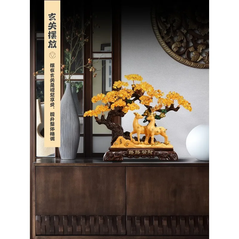 Tabletop Decor Ornament, Pair Deer Figurine with Money Tree for Living Room Wine Cabinet Office Desktop Decoration