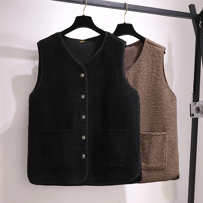 

150Kg Plus Size Women's Bust 158 Faux Lamb Hair Waistcoat Vest Autumn V-neck Single-breasted Solid Vest 6XL 7XL 8XL 9XL 10XL