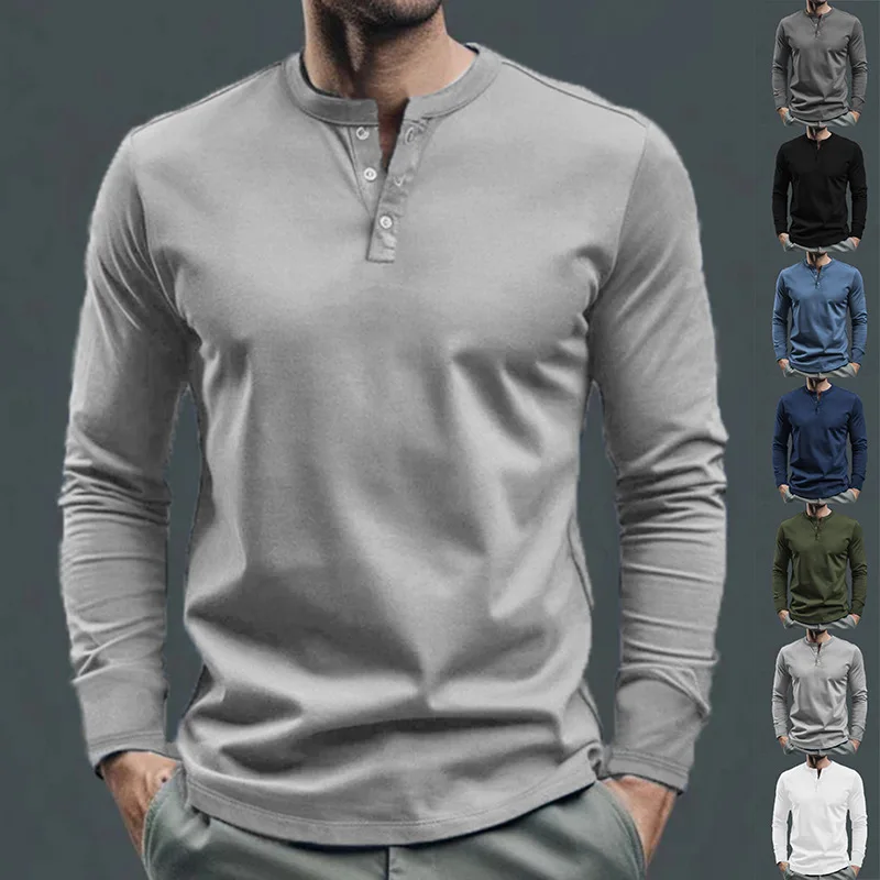 2024 New Spring and Autumn Men T-shirt Leisure Sports Long Sleeve Men\'s Clothing Base Shirt Henley Shirt Free Shipping