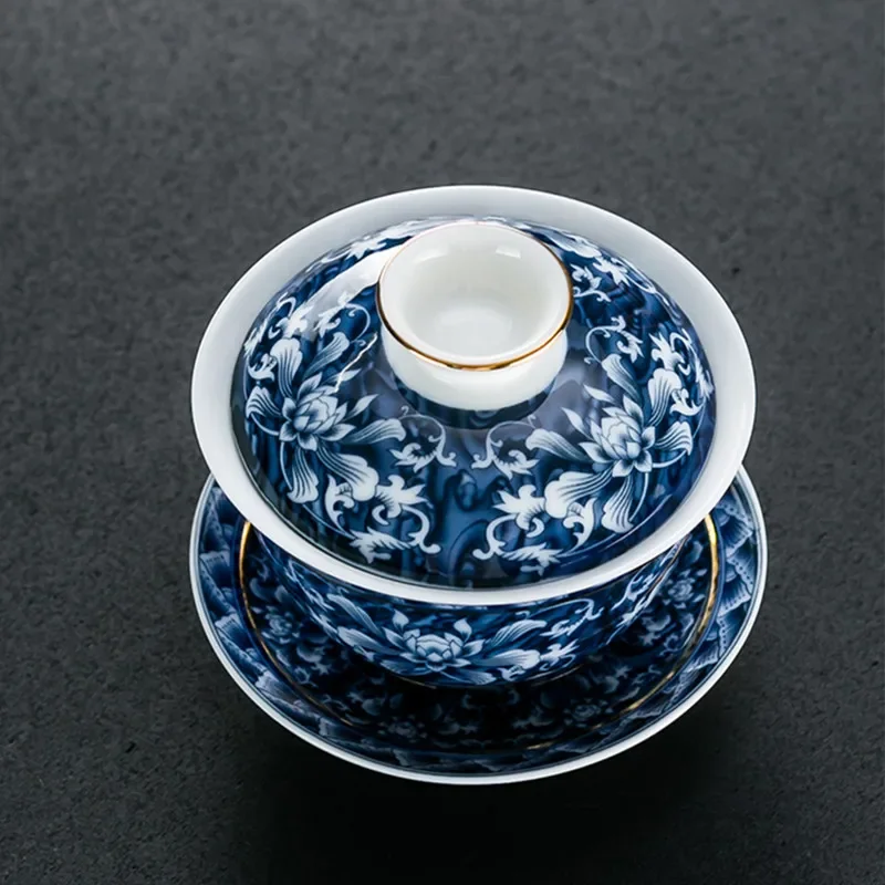 Jingdezhen azul e branco porcelana chá tureen tigela cerâmica artesanal viagem portátil gaiwan casa conjunto de chá drinkware 160ml