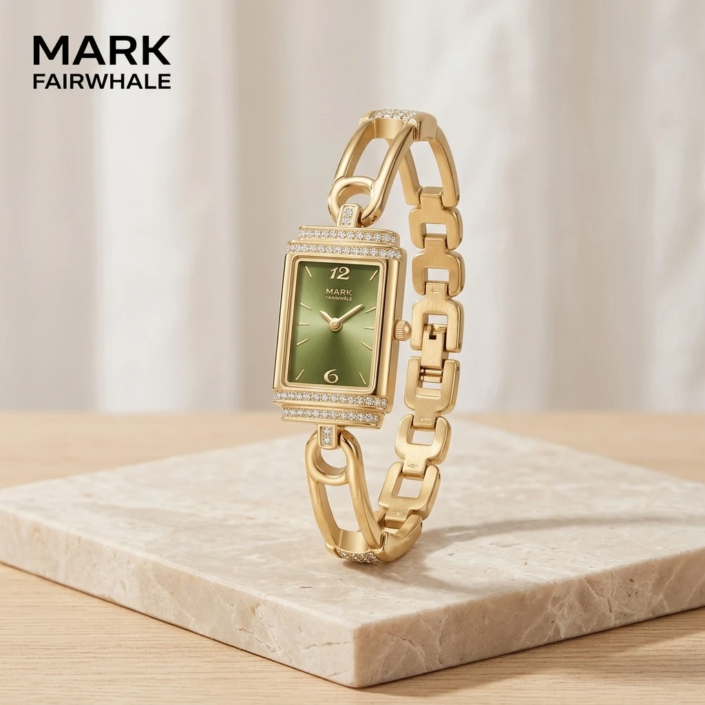 Women Rectangular Wristwatch Mark Fairwhale Sunray Dial Rhinestone Decorated Bezel Metal Chain Band Ladies Watch