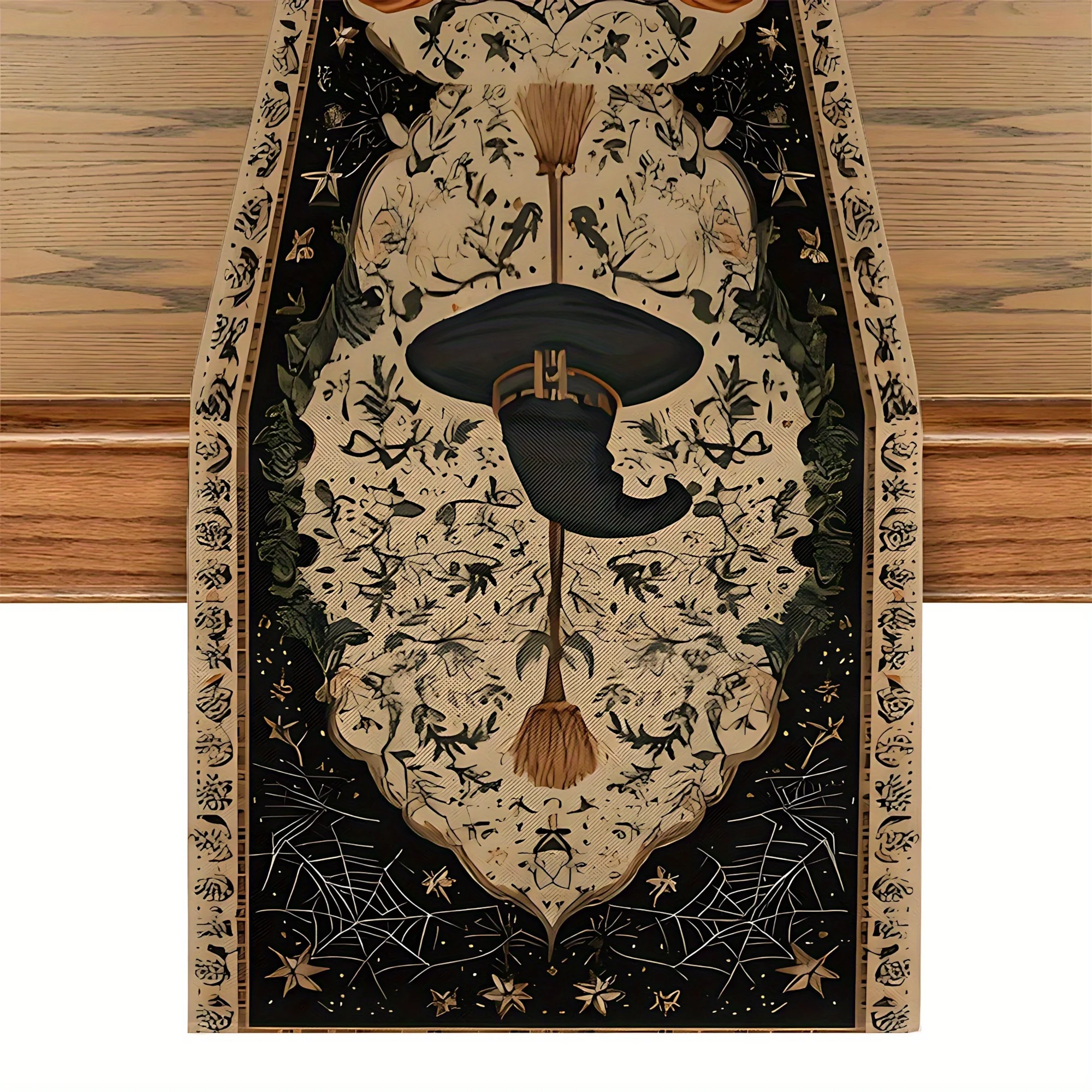 1pc Vintage Witch Hat Broom Spider Table Runner, Multi Size Gothic Halloween Decor for Dining Table Kitchen Living Room Home