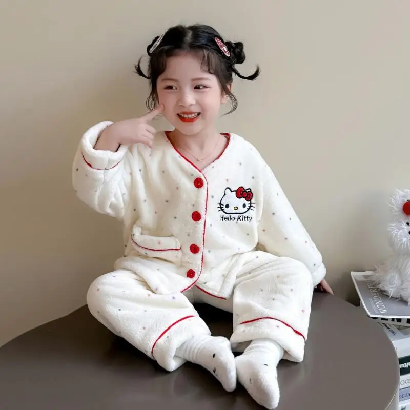 

Sanrio Hello Kitty Pajamas Two-Piece Set Flannel Tops Pants Girl Child Winter Kawaii Anime Cartoon Fashion New Casual Homewear