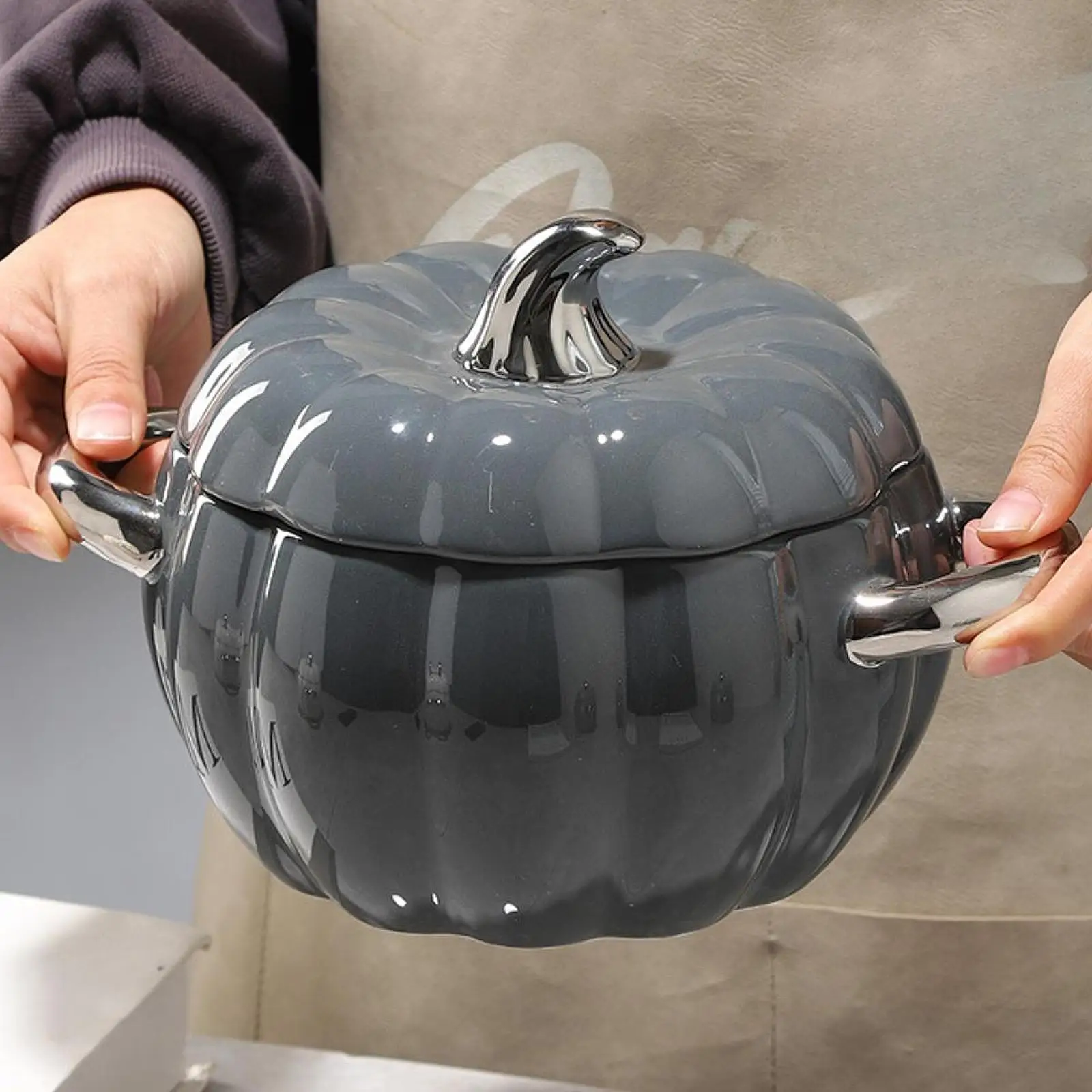 Ceramic Stew Pot with Lid and Double Handle Multi-functional Pumpkin Kitchen Pot Soup Bowl Soup Pot Kitchen Utensils