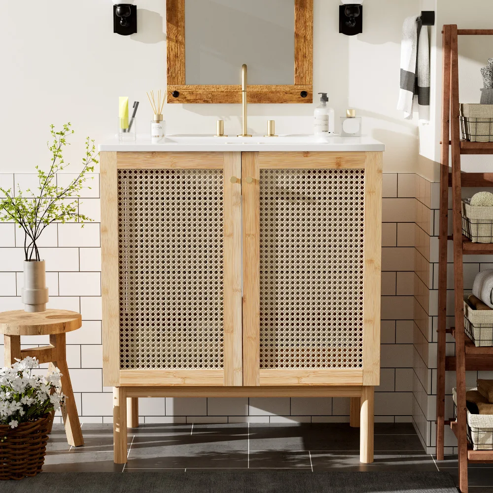 30-inch bathroom vanity crafted from natural materials, featuring handmade rattan doors and soft-closing mechanisms