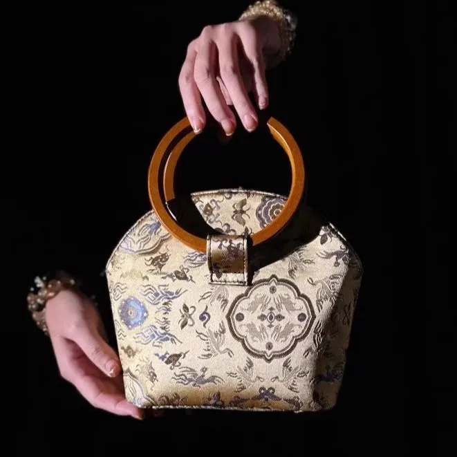 

Vintage Circular Wooden Handle Bag Crane Deer Spring Design Gold Ingot Shell Bag New Chinese Style Wealth Making
