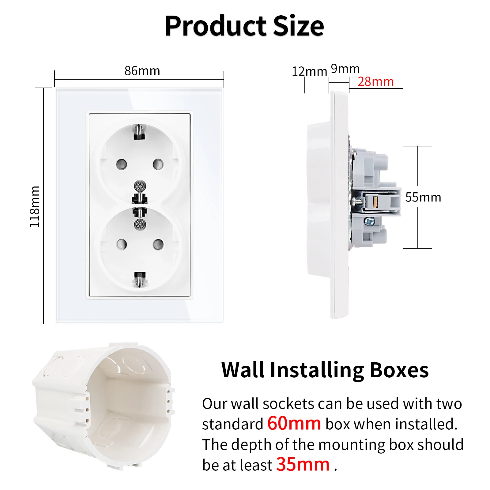 Bingoelec 1/2/3 pieces Double Wall Sockets 118*86mm Tempered Glass Panel EU Stadnard Electrical Outlets for one Hole