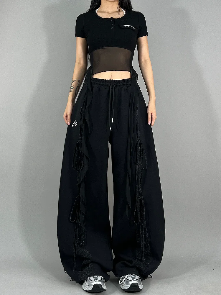 ROKBBKK Street Dance Jazz Sle Women's Casual Pants Silver Sequin Splicing Design Trendy Brand l Waist Straight Leg