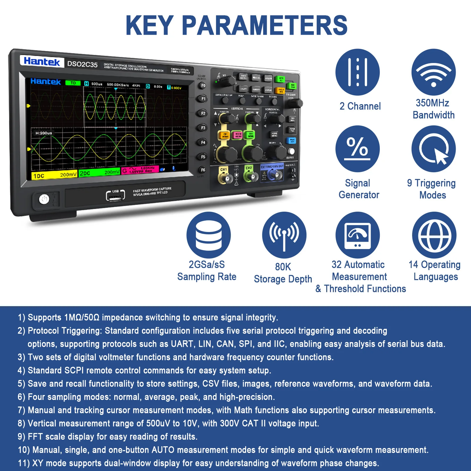 مذبذب رقمي من Hantek Lab 200/350/500 ميجا هرتز، 2CH/2CH + 1CH، 2GSa/s 80K USB محمول DSO2C35/DSO2C50/DSO2D20/DSO2D35/DSO2D50