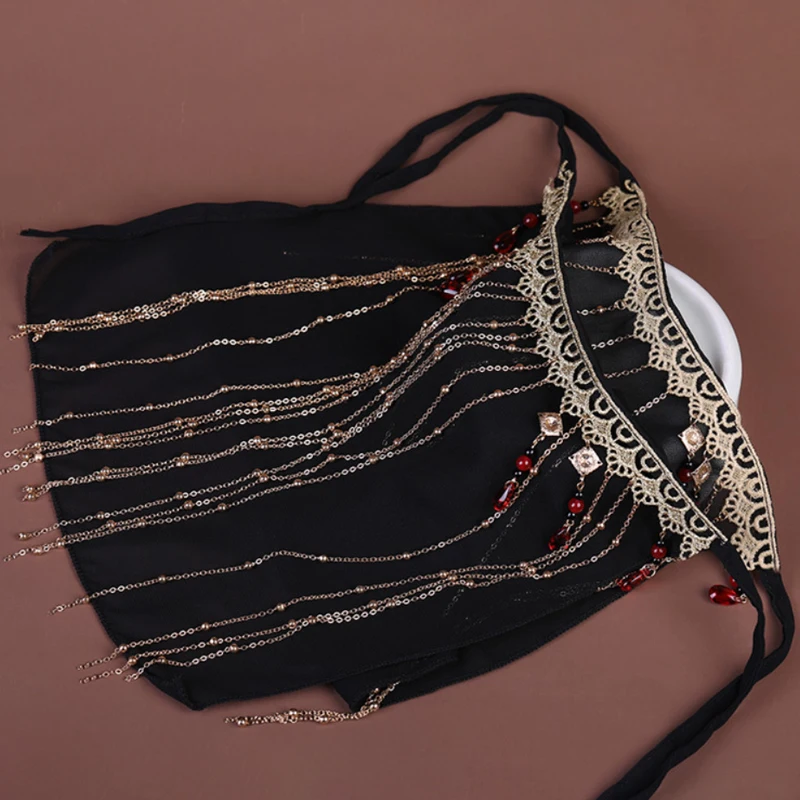 Chinese Hanfu Tassel Veil Face Ornament Decoration Black Chiffon Face Curtain Sunscreen Covering Face Musk Jewelry India Costume