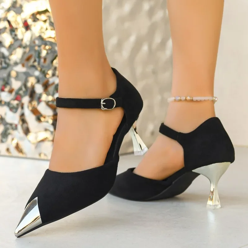 

One Strap Single Shoe Metal Pointed Toe Suede Cutout Non-Slip Wear-Resistant High Heels