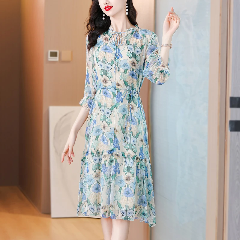 2024 koreanische Büro Dame blau Blumen Midi Kleid Sommer Frauen Vintage Luxus Bodycon Kleider elegante lässige Nacht Party Vestidos