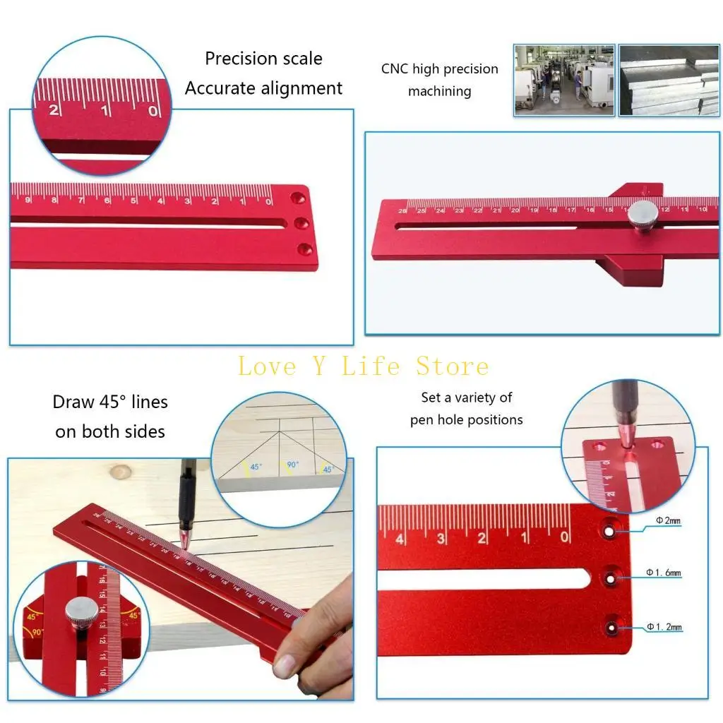 L74C مسطرة كتابة عملية من النوع T من سبائك الألومنيوم رسم خطي 45/90 درجة قياس الثقب لتحديد المواقع أدوات النجارة