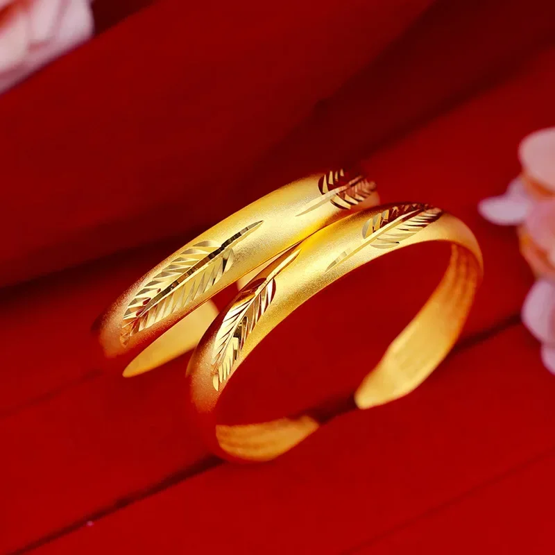 9999 Real Gold 24K Ancient Feather Heart Sutra Bracelet, Gold Edition Ancient Craft Leaf Opening Bracelet