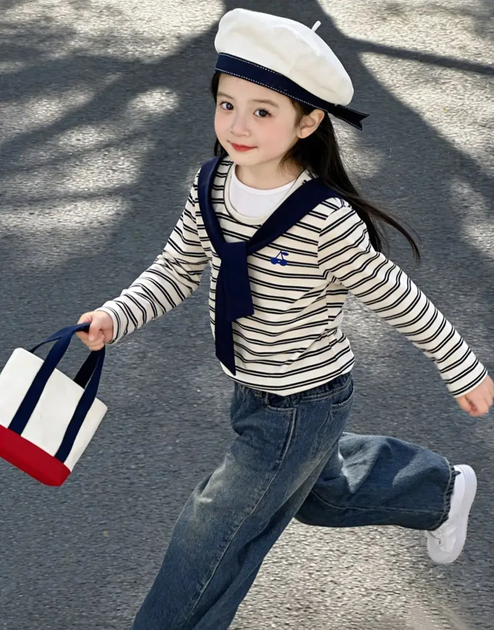

spring kids clothes girls sailor collar student style fake two-piece top Cherry T-shirt Striped pattern fashionable girls' top