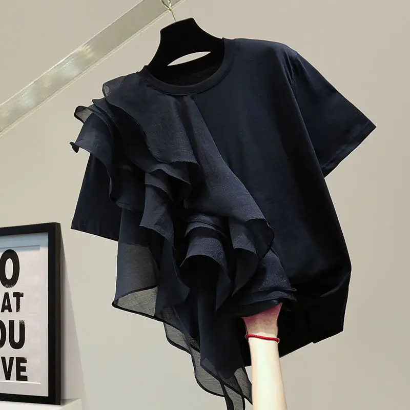 

Summer 2025 Loose Fit Elastic Cotton ort Sve T-irt Korean Sle Casual Pure Color Asymmetrical Design Cute Japanese Sle